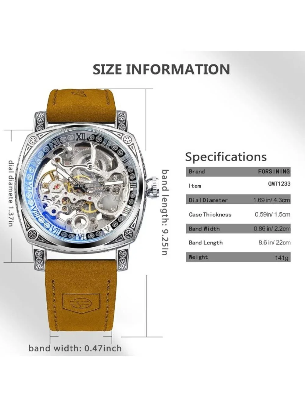 Men's Silver Brown Mechanical Leather Strap Self-Wind Carved Automatic Watch